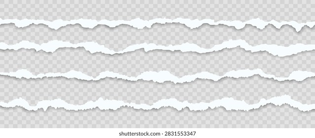 Torn paper edge collection with realistic rip texture and vintage grunge border. White sheet pieces with transparent strips, broken frames and rough scrap elements for collage design layouts.