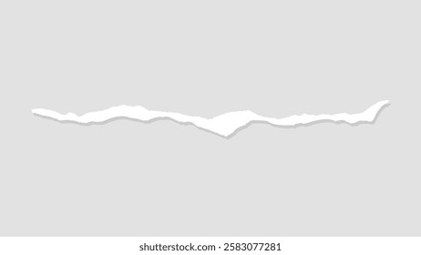 A torn paper edge on a light gray background. The torn paper creates a jagged line. Torn paper effect is used for design, texture, and creative projects. Vector background with copy space.