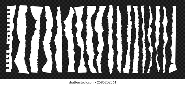 Torn paper edge. Realistic torn papers strips with ripped edges. White ripped paper sheets for video transition effects. Vector isolated set on transparent background.