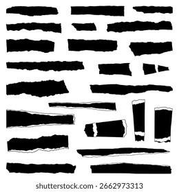 Conjunto de Vector de borde de papel rasgado con siluetas sólidas en blanco y negro de tiras de papel rasgado y marcos para un efecto grunge.