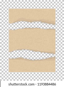 Torn paper edges for background. Ripped brown paper texture on transparent background. Vector illustration.