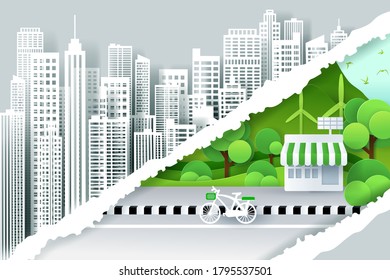 Torn paper edges for capital and green eco city, save the world and green energy concept. eps 10 vector.