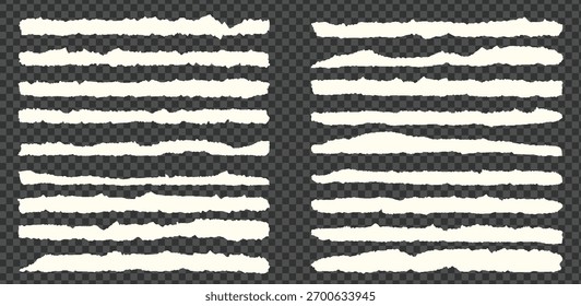 Torn Paper Edges Collection.Set of realistic torn edges of paper of different shapes and sizes.Vector illustration isolated on a transparent background.