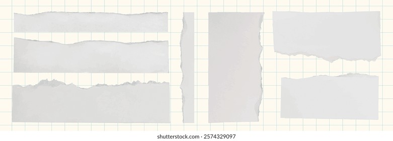 Torn paper edges on a grid background. Torn with rough edges. Grid background with torn paper. Paper texture, torn edges, grid lines, paper scraps. Ripped element set. Vectors.