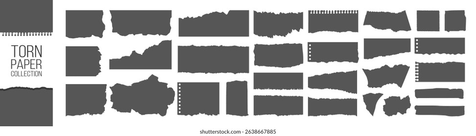 Torn paper edges on transparent background. Torn sheets of paper. Torn paper strips set. Sticky notes, shreds of notebook pages. Vector illustration