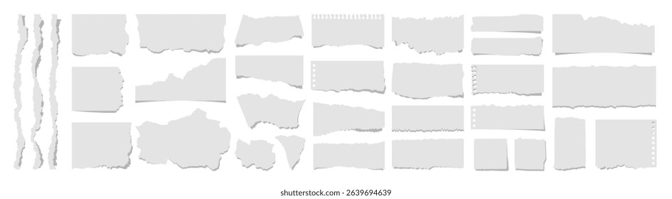 Torn paper edges on transparent background. Torn sheets of paper. Torn paper strips set. Sticky notes, shreds of notebook pages. Vector illustration