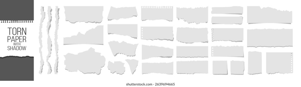 Torn paper edges on transparent background. Torn sheets of paper. Torn paper strips set. Sticky notes, shreds of notebook pages. Vector illustration