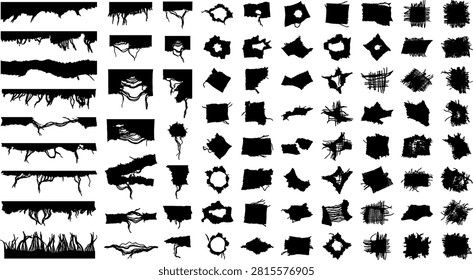 Torn paper edges and ripped hole silhouettes bundle featuring black abstract grunge borders fabric shreds and distressed texture shapes