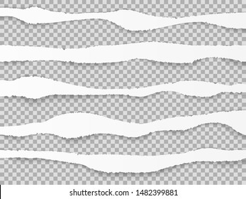 Torn paper edges. Ripped papers layers, cardboard sheets texture with shadow. Isolated vector border teared white grunge page horizontal transparent craft set
