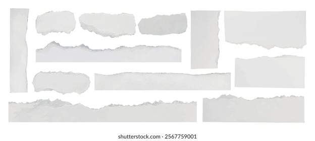 Torn paper edges, rough and textured. White torn paper strips, various shapes. Torn paper for scrapbooking, collage, and crafts. Torn paper, rough edges. Ripped element set. Vectors.