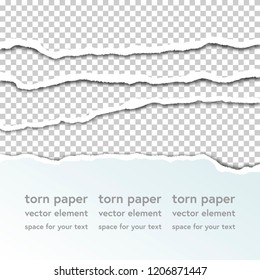 Torn paper edges with shadow on transparent background. Vector realistic ripped paper