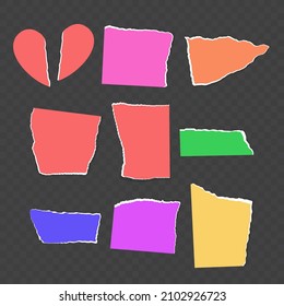 Torn paper edges with shadow. Torn sheets of paper. A set of horizontally torn paper and strips of paper