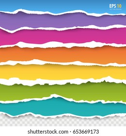 Torn paper edges vector: blue, pink, violet, orange, yellow, green, turquoise color paper. Realistic colored torn papers with ripped edge on transparent background. Torn page banners for web, print. 