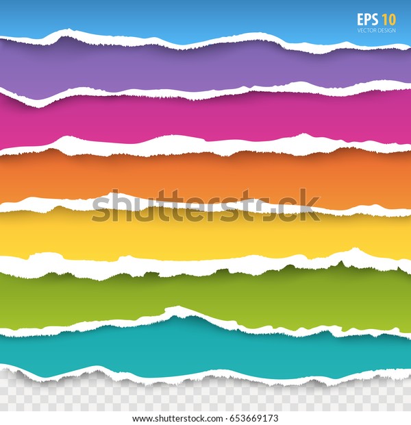 Torn paper edges vector: blue, pink, violet, orange,\
yellow, green, turquoise color paper. Realistic colored torn papers\
with ripped edge on transparent background. Torn page banners for\
web, print. 