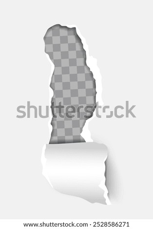 Torn paper effect. Announcement and notification. Cardboard with torn corners and edges. Place for sales and discounts. Realistic vector illustration isolated on transparent background