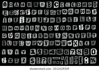 Torn Paper Effect Collage Cut Out Ransom Vector Gray Letters. Cutout magazine ransom alphabet. Blackmail or Criminal Ransom Kidnapper Anonymous Note Font. Letters, Numbers and punctuation symbols.