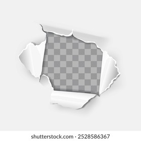 Torn paper effect. Handmade blank cardboard paper with torn hole. Announcement and outdoor advertising. Frame with copy space. Realistic vector illustration isolated on transparent background