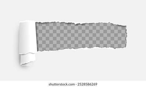 Torn paper effect. Hole in page. Handmade blank cardboard paper. Poster with torn hole and rolled edge. Texture and background. Realistic vector illustration isolated on transparent background