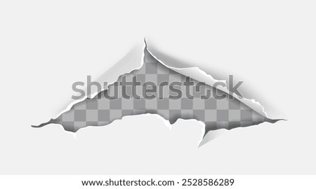 Torn paper effect. Hole in page. Handmade blank cardboard paper with torn hole. Crumpled and broken canvas. Texture and background. Realistic vector illustration isolated on transparent background