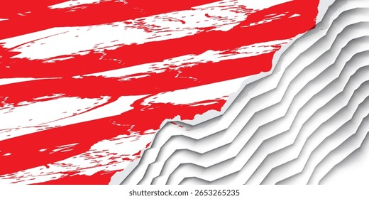Torn paper effect vector illustration with abstract red and white diagonal grunge brush strokes.