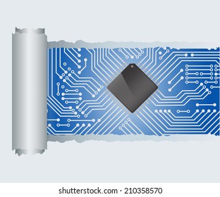 Torn Paper with electronic circuit board with processor ,Vector illustration
