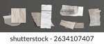 Torn paper elements set - various ripped rectangular shapes with ragged edges and shadows. Realistic newspaper clipping scraps and note snippets for scrapbooking or collages. Aged page cutouts.