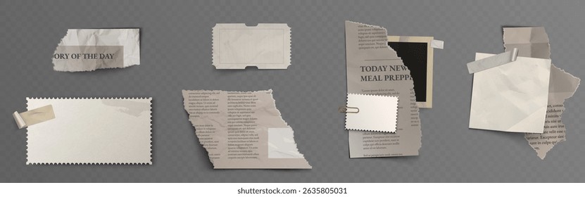 Torn paper elements set - various ripped rectangular shapes with ragged edges and shadows. Realistic newspaper clipping scraps and note snippets for scrapbooking or collages. Aged page cutouts.