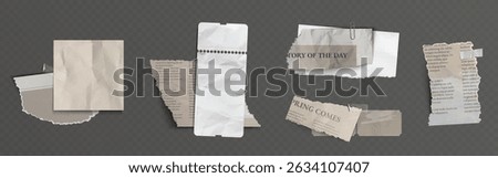 Torn paper elements set - various ripped rectangular shapes with ragged edges and shadows. Realistic newspaper clipping scraps and note snippets for scrapbooking or collages. Aged page cutouts.