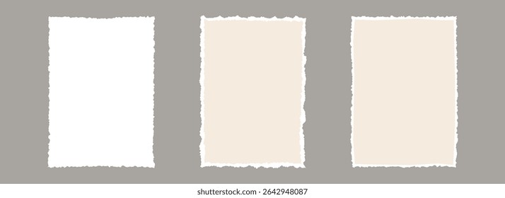 Torn paper frame backgrounds. Beige and white blank sheet wallpapers with jagged edges. Ripped grunge element bundle for poster, text box, banner, collage, sticker. Vector rectangle craft backdrops