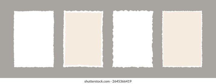 Torn paper frame backgrounds. Beige and white blank sheet wallpapers with jagged edges. Ripped grunge element bundle for poster, text box, banner, collage, sticker. Vector rectangle craft backdrops