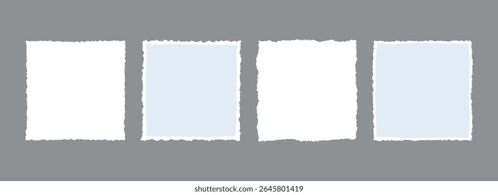 Torn paper frame backgrounds. Jagged edge paper sheet wallpapers. Blue and white ripped grunge element bundle for poster, text box, banner, collage, sticker. Vector blank square craft backdrops