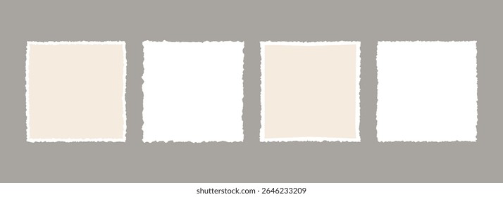 Torn paper frame backgrounds. Jagged edge paper sheet wallpapers. Beige and white ripped grunge element bundle for poster, text box, banner, collage, sticker. Vector blank square craft backdrops