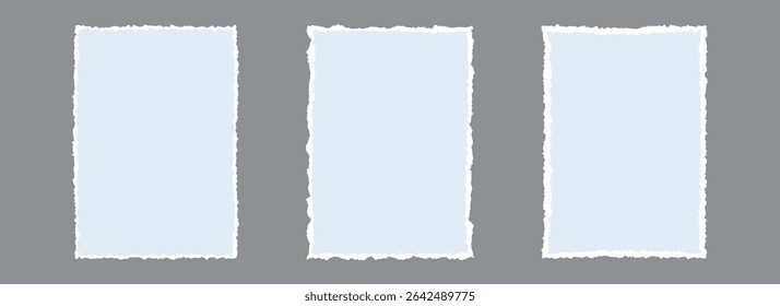 Torn paper frame backgrounds. Light blue blank sheet wallpapers with jagged edges. Ripped grunge element bundle for poster, text box, banner, collage, sticker. Vector rectangle craft backdrops