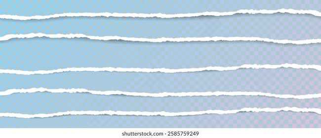 Torn paper frame on transparent background. Horizontal torn paper edge. Ripped squared horizontal white paper strips.