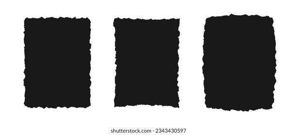 Torn paper frame set. Collection of black sheet wallpaper with jagged rough edges. Ripped grunge elements bundle for poster, text box, banner. Vector blank background pack