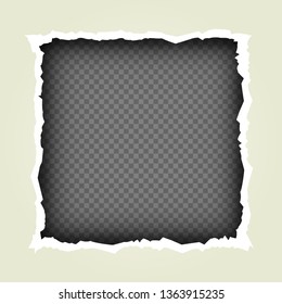 Torn paper frame with shadow on dark transparent background. Square papers template vector illustration