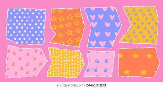 Torn paper frames with jagged edges set. Imitation of colored paper, torn ornate sheets with colorful kids simple patterns. Templates for collage, design. Vintage collage vector illustration.
