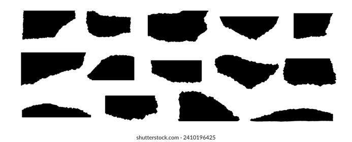 Torn paper frames with ragged edges set. Vector shape of black silhouettes isolated on white background. Jagged paper collection