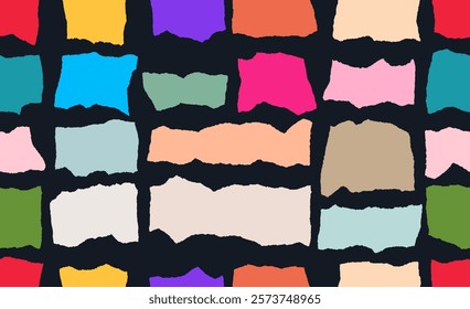 Torn paper frames seamless pattern. Colored vector collage shape of ripped papers silhouettes. Old colorful realistic vintage paper backgrounds seamless pattern. Abstract overlay scratched design.
