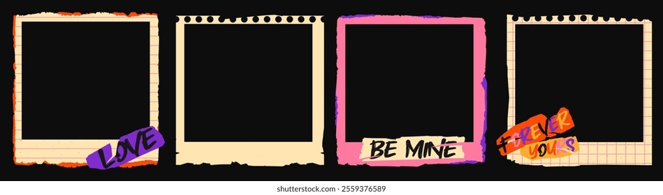 Torn paper. Frames and stickers with text for Valentine's Day. Note-style frames, torn paper. Romantic photo frames. Vector illustrations of torn paper-style frames. Grid and line