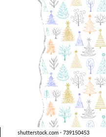 Torn paper with  hand drawn trees.Vector illustration.