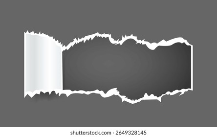 Furo de papel rasgado, fundo cinza, borda rasgada, design abstrato, forma irregular, quadro branco, Grunge