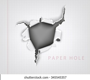torn paper. hole in the notebook sheet in a cage