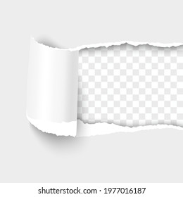 Torn paper hole from right to left white sheet of paper with shadow and paper curl. Realistic 3d vector template paper design.