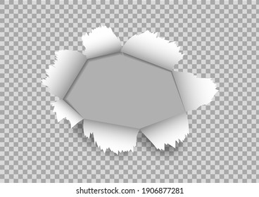 Papel roto. Agujero con borde de garganta. Papel blanco roto sobre fondo transparente. Hoja de papel de curry. Página rodada realista. Pancarta abstracta con sombra para promoción y venta. Cartón de diseño. Vector.
