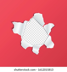 Torn paper hole with ripped edges on a transparent background, realistic mockup