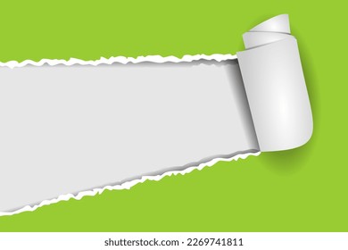 Ilustración vectorial de agujero de papel desgarrado. El fondo gris de las ventanas produjo el papel verde. Papel de plantilla.