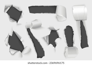 Torn paper holes mega set in 3d realistic design. Bundle elements of different types of ragged white pages and holes with bursting curled ripped edges. Vector illustration isolated graphic objects