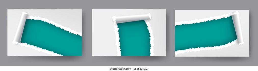Torn paper holes in white paper with torn sides with space for text. Realistic set with ripped edges for web and print