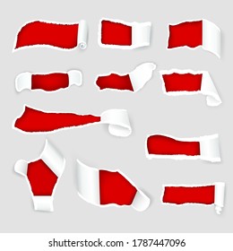 Torn paper holes in white paper with torn sides over red paper background with space for text. Realistic vector torn paper with ripped edges for web and print.